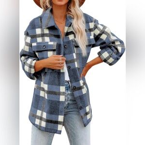Blue and White Plaid Button-Up Jacket